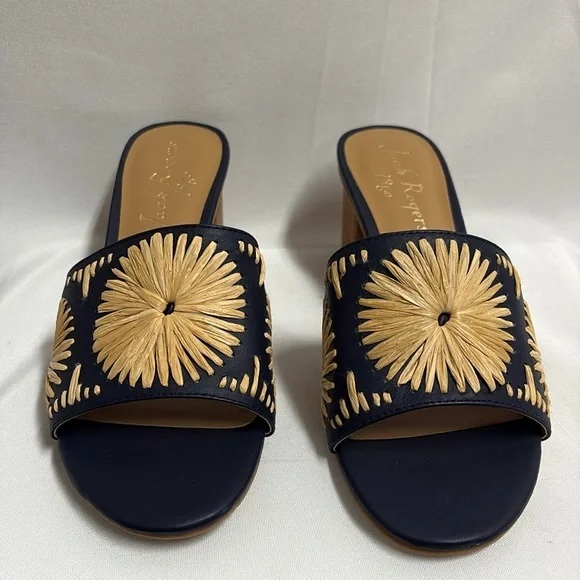 Jack Rogers Bettina Rattan Starburst Block Heel Navy Tan Size 7.5 New - Picture 3 of 6